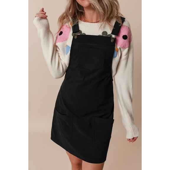 Wah Elegant Black Pocket Detail Sleeveless Corduroy Mini Dress
