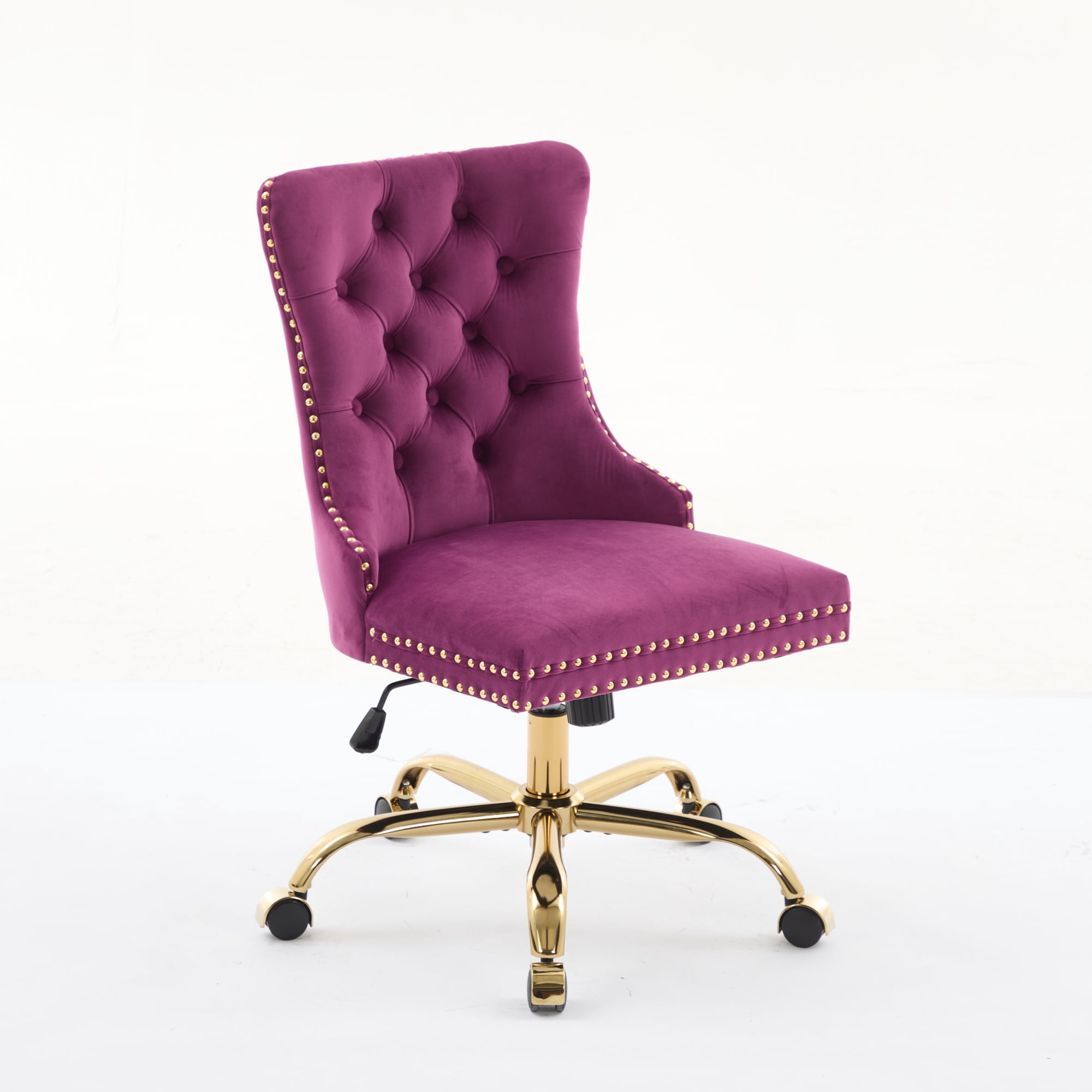 SESSLIFE Swivel Vanity Chair, Modern Office Chair with Wheels, Golden Metal Base, Velvet Upholstered Tufted Button Home Office Chair with Adjustable Height, Ergonomic Home Desk Chair, Purple