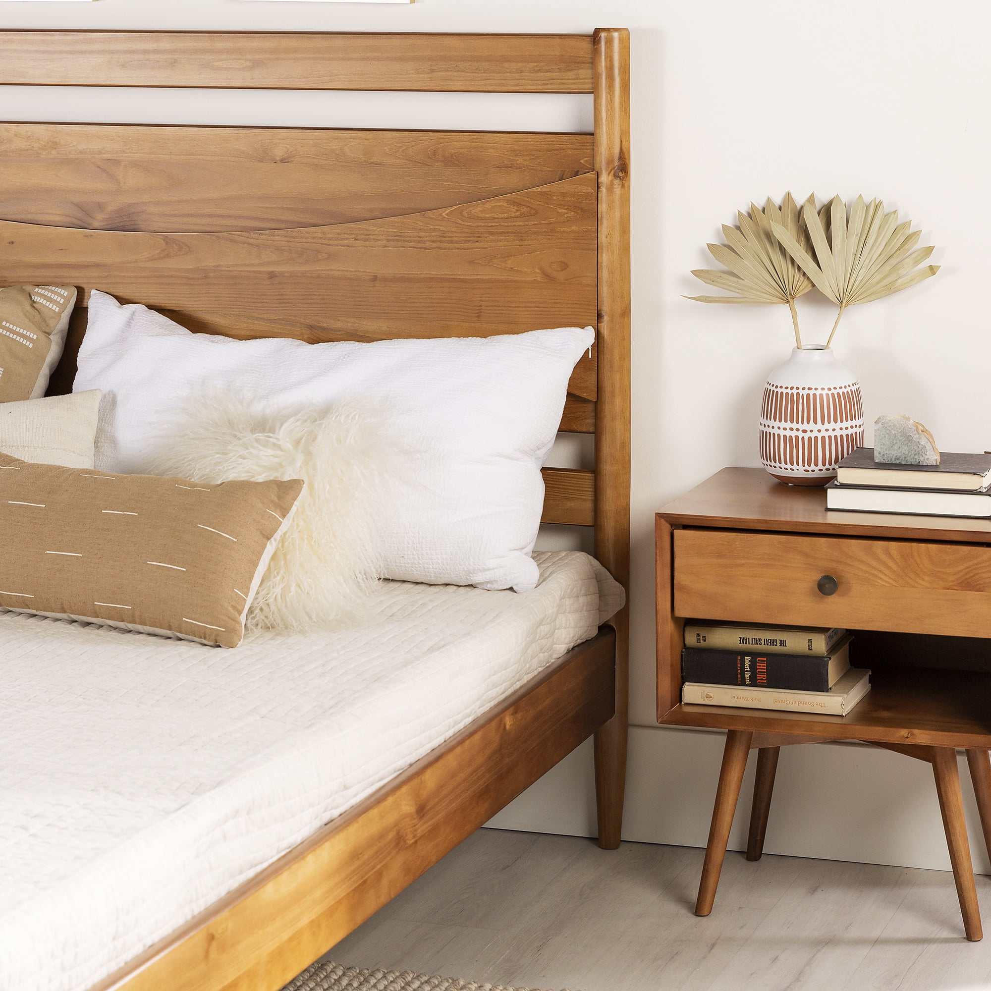 Walker Edison Mid Century Modern Wood Platform Queen Bed Frame, Caramel