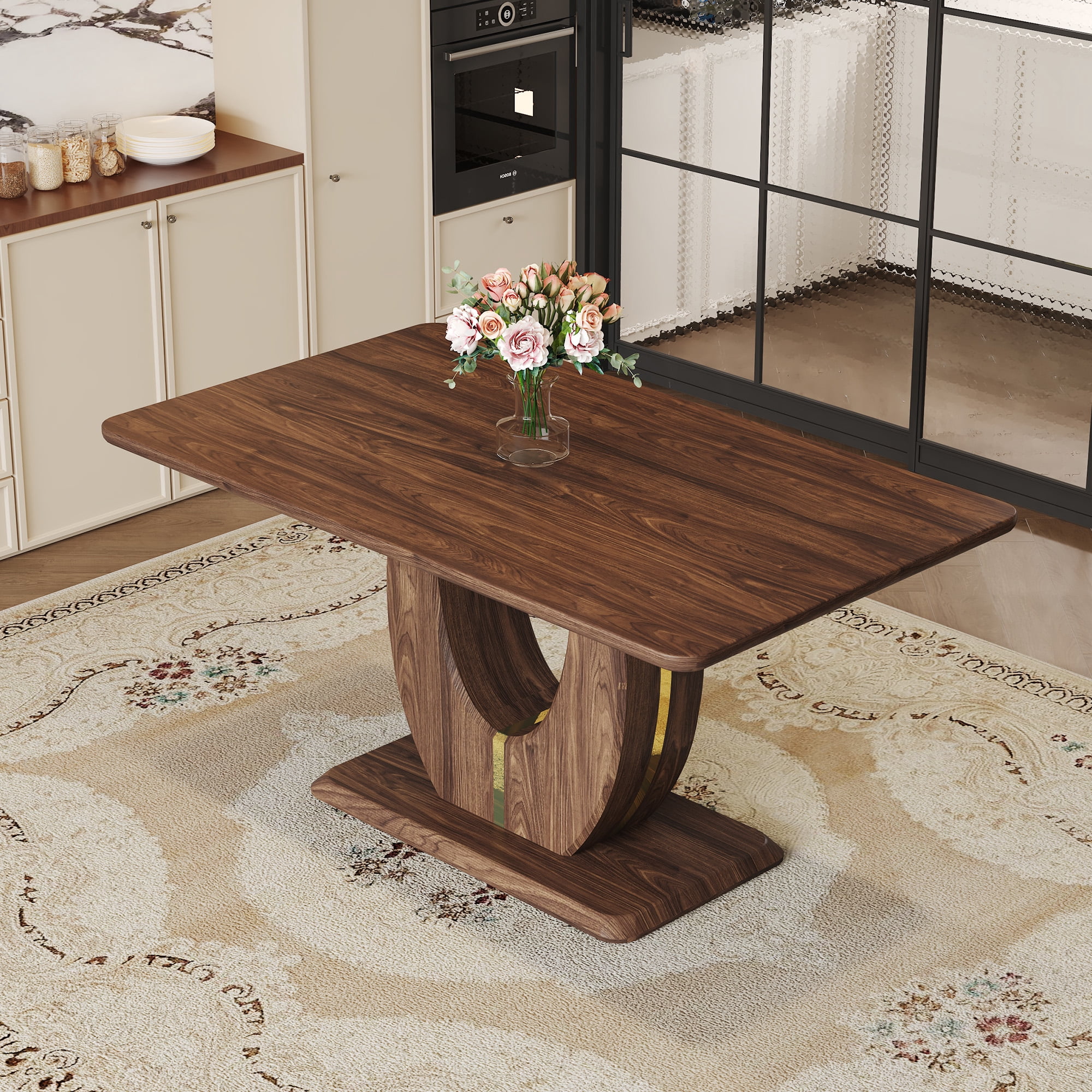 JUFU 63'' Dining Table Rectangular Walnut Tabletop, Easy Assembly, Ideal for Dining Room Kitchen