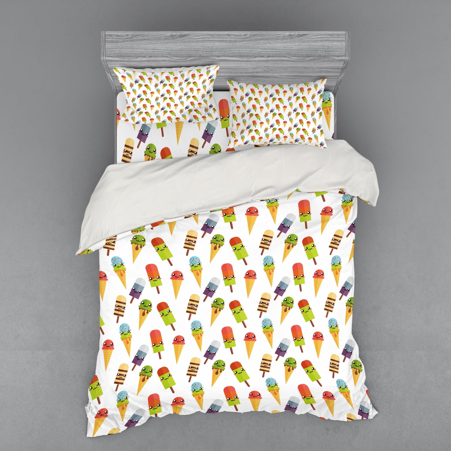 Ice Cream Duvet Cover Set, Yummy Cones in Various Colors with Emoji Faces Kids Boys Cartoon