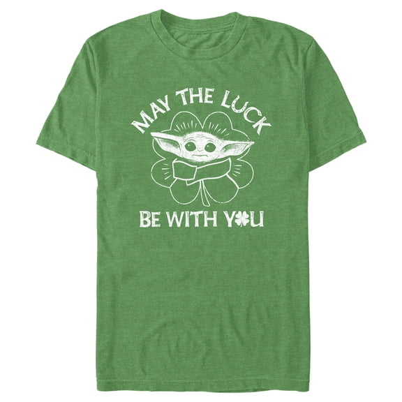 Men's Star Wars: The Mandalorian St. Patrick's Day Grogu May the Luck be with You Distressed Graphic Tee Kelly Heather X Large