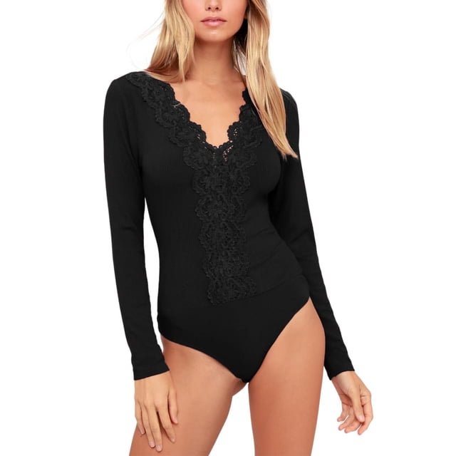 HBFAGFB Combinaison pour Femmes Mode à Col en V Bordée de Dentelle à Rayures à Manches Longues Combinaison de Base Noire Taille M
