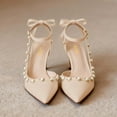thumbnail image 3 of XYD Women Bowtie Pearls Ankle Strap Pumps Pointed Toe Slender Mid Heel Slingbacks Elegant Party Shoes Size 7 Nude, 3 of 4