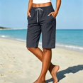thumbnail image 3 of Women's Linen Blend Knee Length Shorts Elastic Waist Loose Casual Walking Shorts with Pockets Side Button Detail Summer by Yigetop Dark blue XXL, 3 of 3