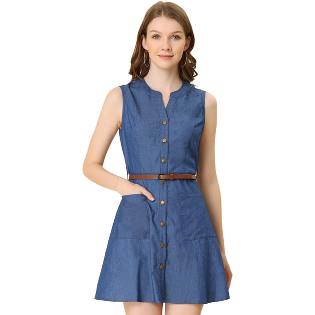 Unique Bargains Robe en Jean Sans Manches pour Femmes Boutonnée Ceinturée Bleue S