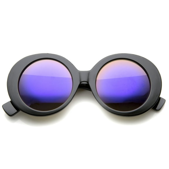 sunglassLA Unisex Womens High Fashion Chunky Colored Mirror Round Oversize Sunglasses (Black / Purple Mirror) - 50mm