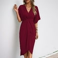 thumbnail image 3 of Gdvsclr Short Sleeve Dresses for Women V Neck Pleated Slim Fit Flowy Swing Shift Irregular Midi Dress Claret S, 3 of 8