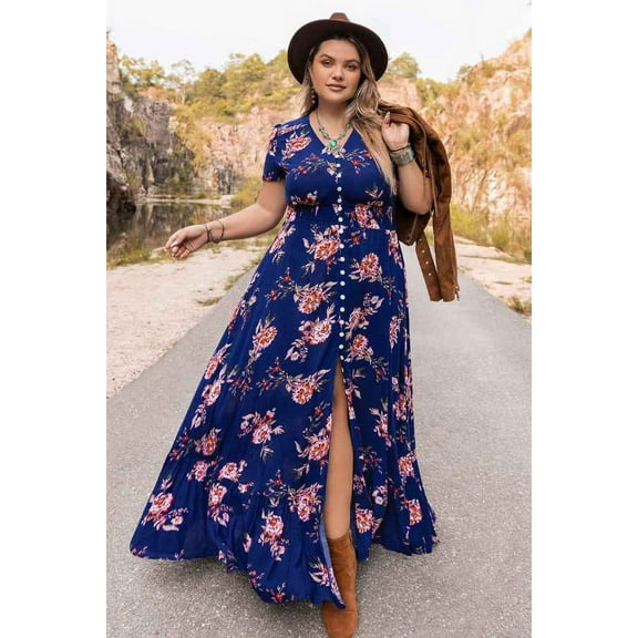 Plus Size Floral Print Thigh Slit Dress (1XL, MultiBlue)
