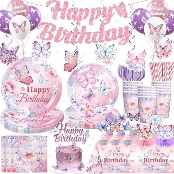wonima02 196 Pieces Butterfly Birthday Decor Includes Butterfly Plates & Napkins Set, Banner, Hanging, Tablecloth, Cupcake Topper, Balloon, Table Decor, for Girls Butterfly Party Decors, Serves 25