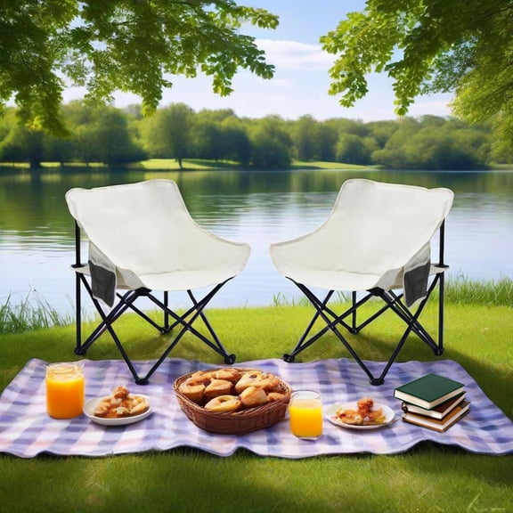 Camping Chairs, Set of 2 Folding Portable Polyester Seats with Heavy-Duty Steel Frame, Side Pockets and Carry Bag, Beige, for Outdoor Beach, Fishing, Hiking and Picnic Use