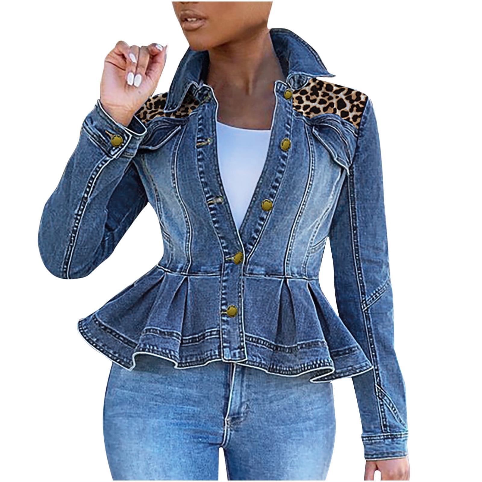 Denim Shirt Women Leopard Print Tops 