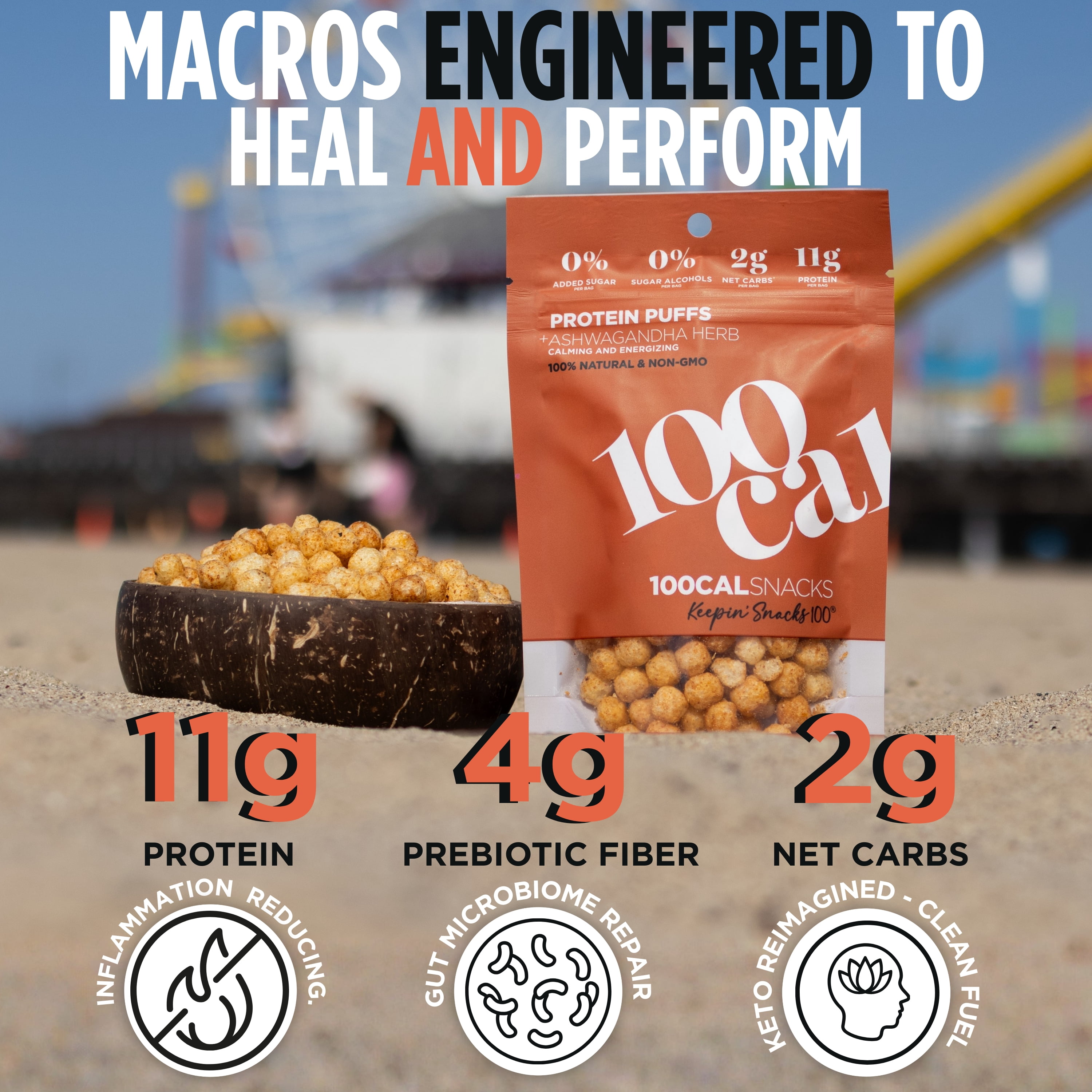 100 Cal Snacks Protein Puffs BBQ, High Protein Low Carb Snack, Gut Healthy, Gluten Free, 0.84 oz bag, 5 bags