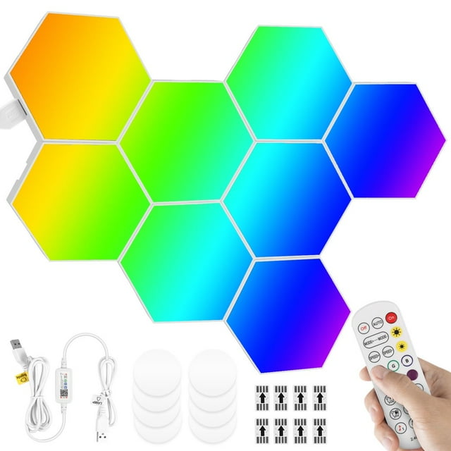 10 Pcs Hexagon LED Lights Modular DIY Hexagon Wall Light APP and Remote Control Smart RGB Gaming Light Music Sync Hexagon LED Panel USB LED Wall Lights for Gaming Setup Bedroom Living Roo