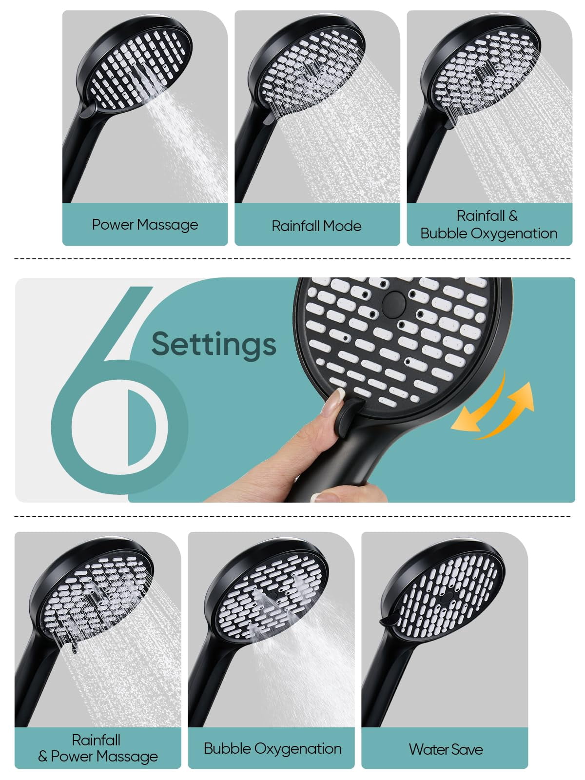11.8 Inch Rain Shower Head With 6 Modes Handheld Water Spray High Showerhead Combo 11 Adjustable Extension Arm  Black