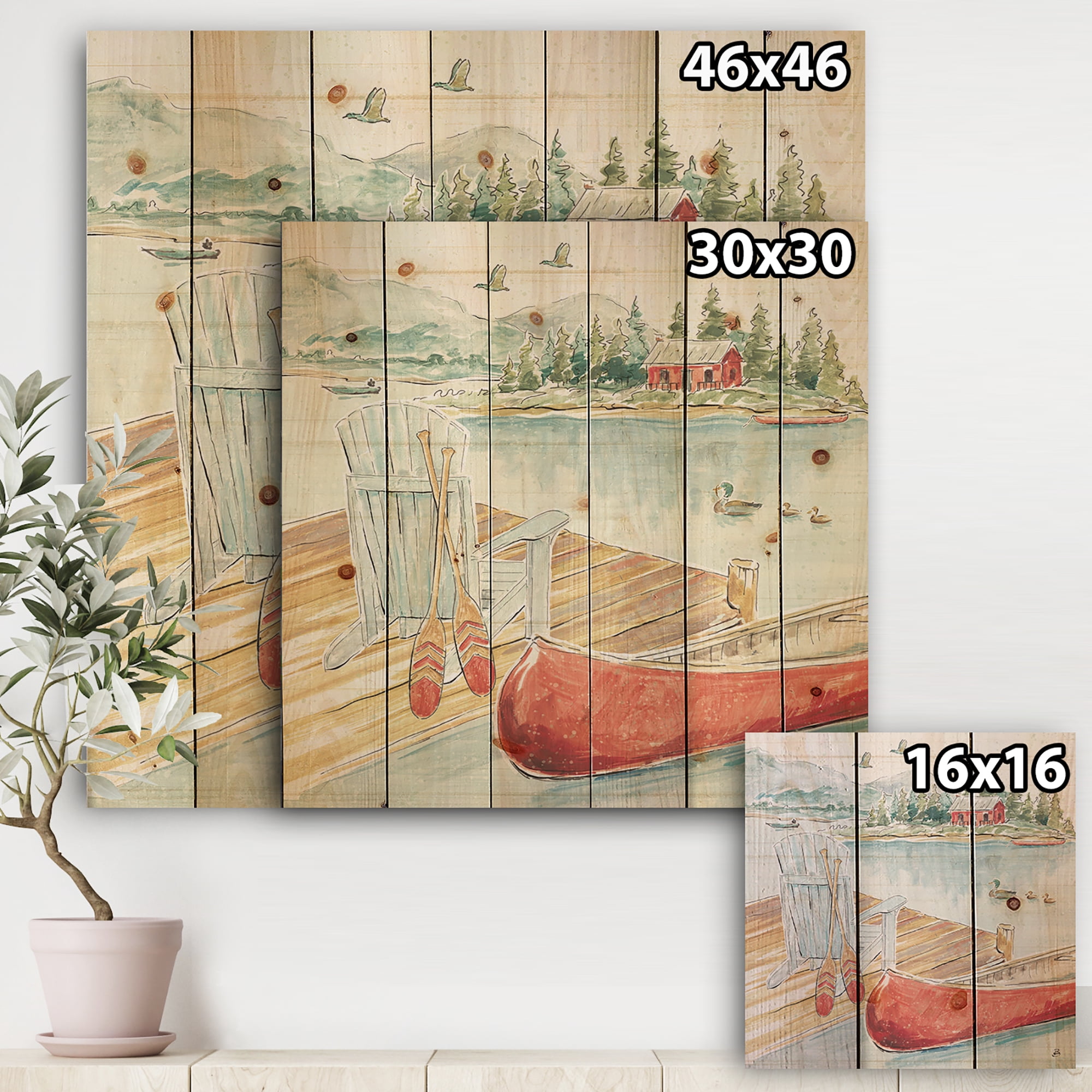 Designart 'Lake House Canoes III' Lake House Print on Natural Pine Wood