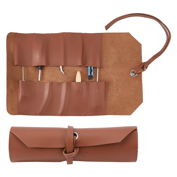 Leather Tool Roll Up Pouch 25.5cm Brown Hand Tools Pouch Multi-Purpose Small Hand Tools Organizer Holder Tool Organizer Bag with 10 Pockets