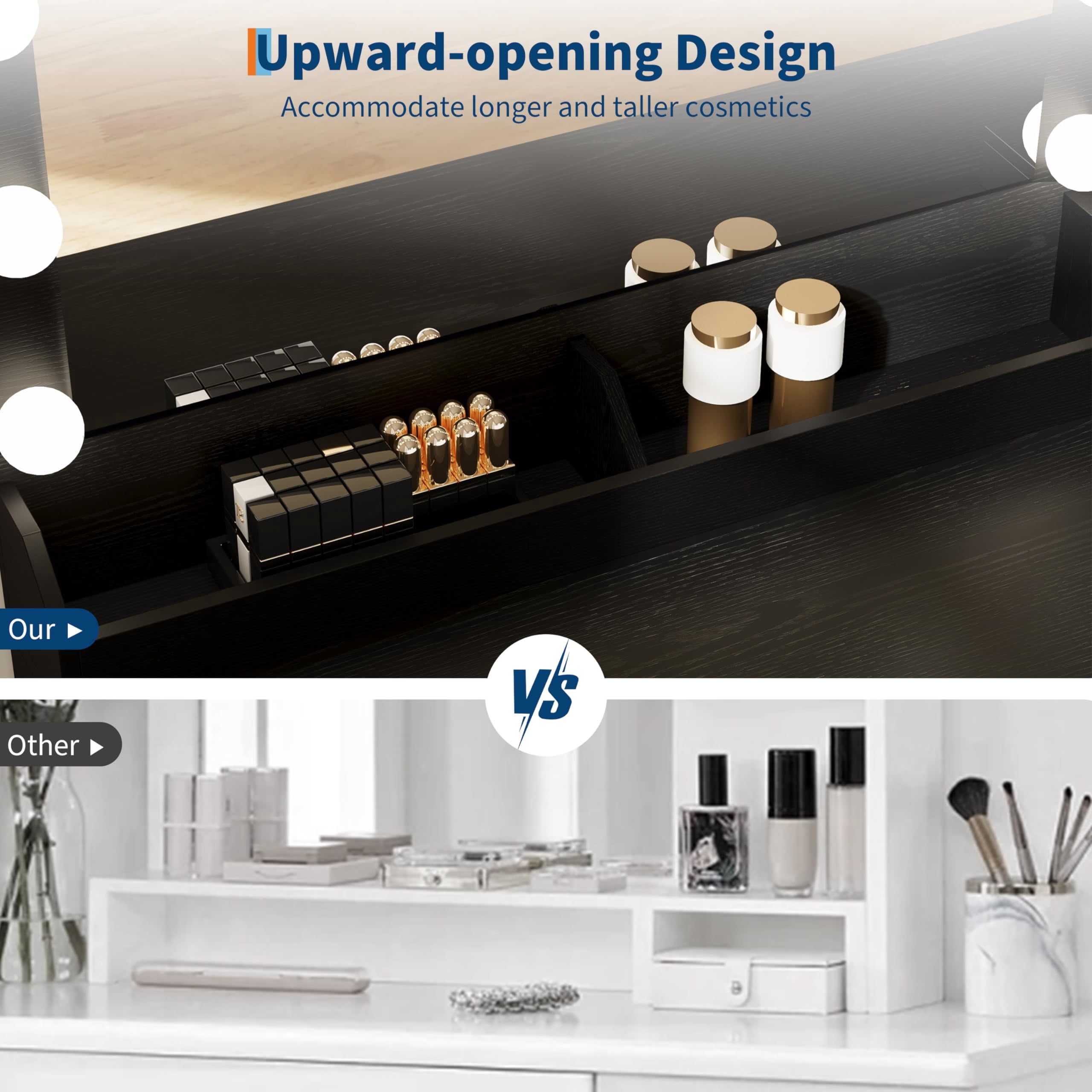 Vanity Desk with Lighted Mirror & Power Outlet, Modern Makeup Vanity Table with Drawers, Cabinets & Stool for Bedroom