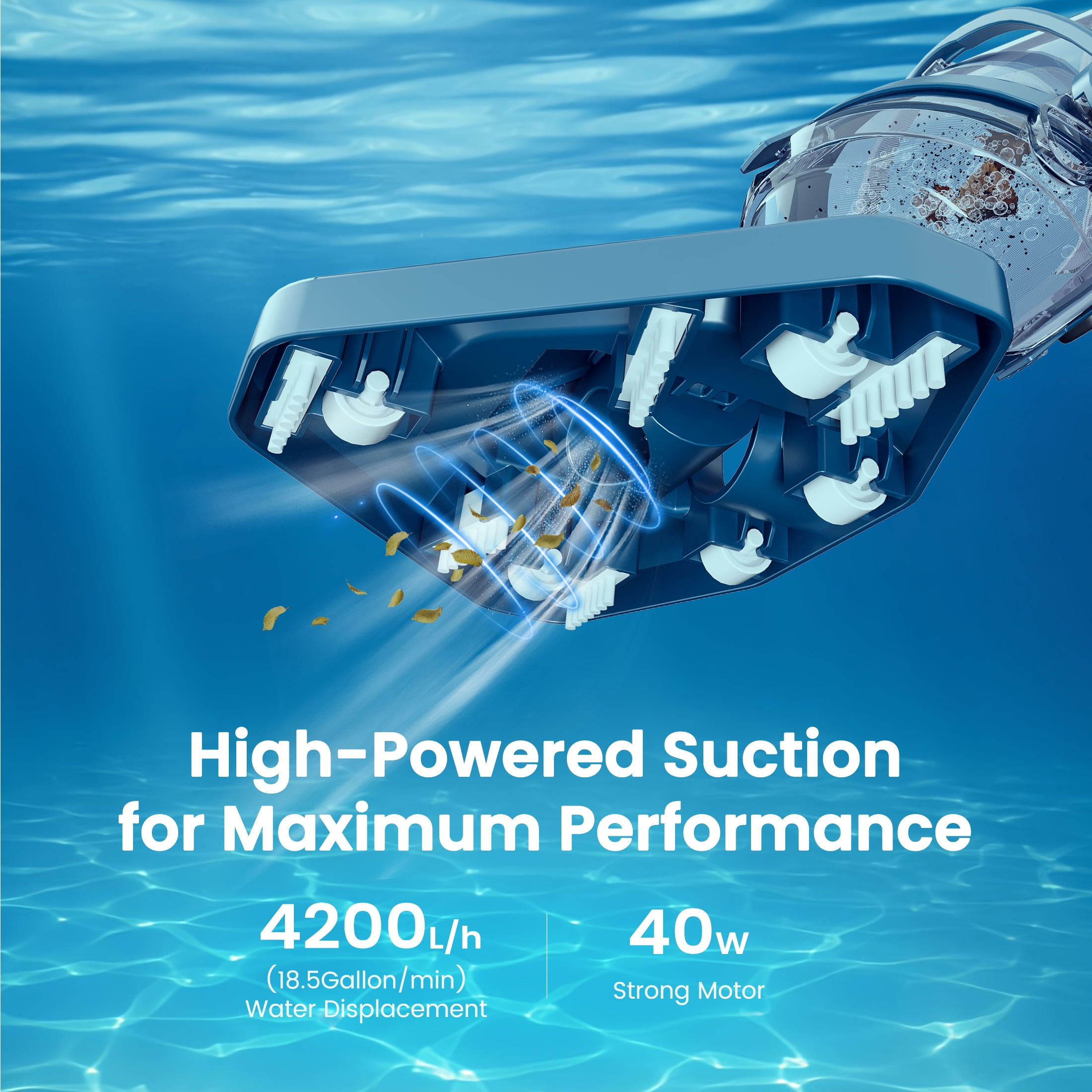 Cordless Pool Vacuum, Handheld Pool Vacuum for Above Ground Inground Pools, Spas and Hot Tubs, 60-Minute Runtime, Powerful Suction up to 18.5 gallons/min, Efficient Leaf and Debris Removal