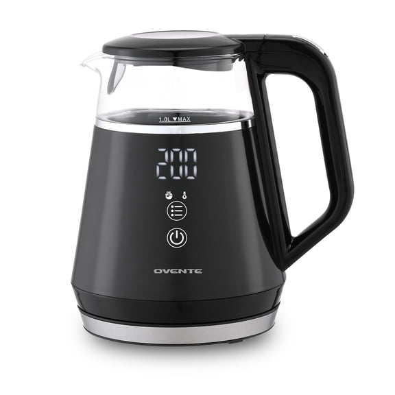 OVENTE 1L Electric Kettle with Temperature Control, 1500W, Black KD95B, Water Boiler With Digital Display, 5Hr Keep Warm, Auto Shut-Off, Double-Wall Cool-Touch Exterior, BPA-Free Borosilicate Glass