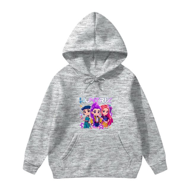 Moonsky Sudadera con capucha y cordón HUNTRX, estampado de grupo de chicas coreanas, jersey corto, suave y cómodo, top de manga larga para primavera y otoño. Gris claro 150