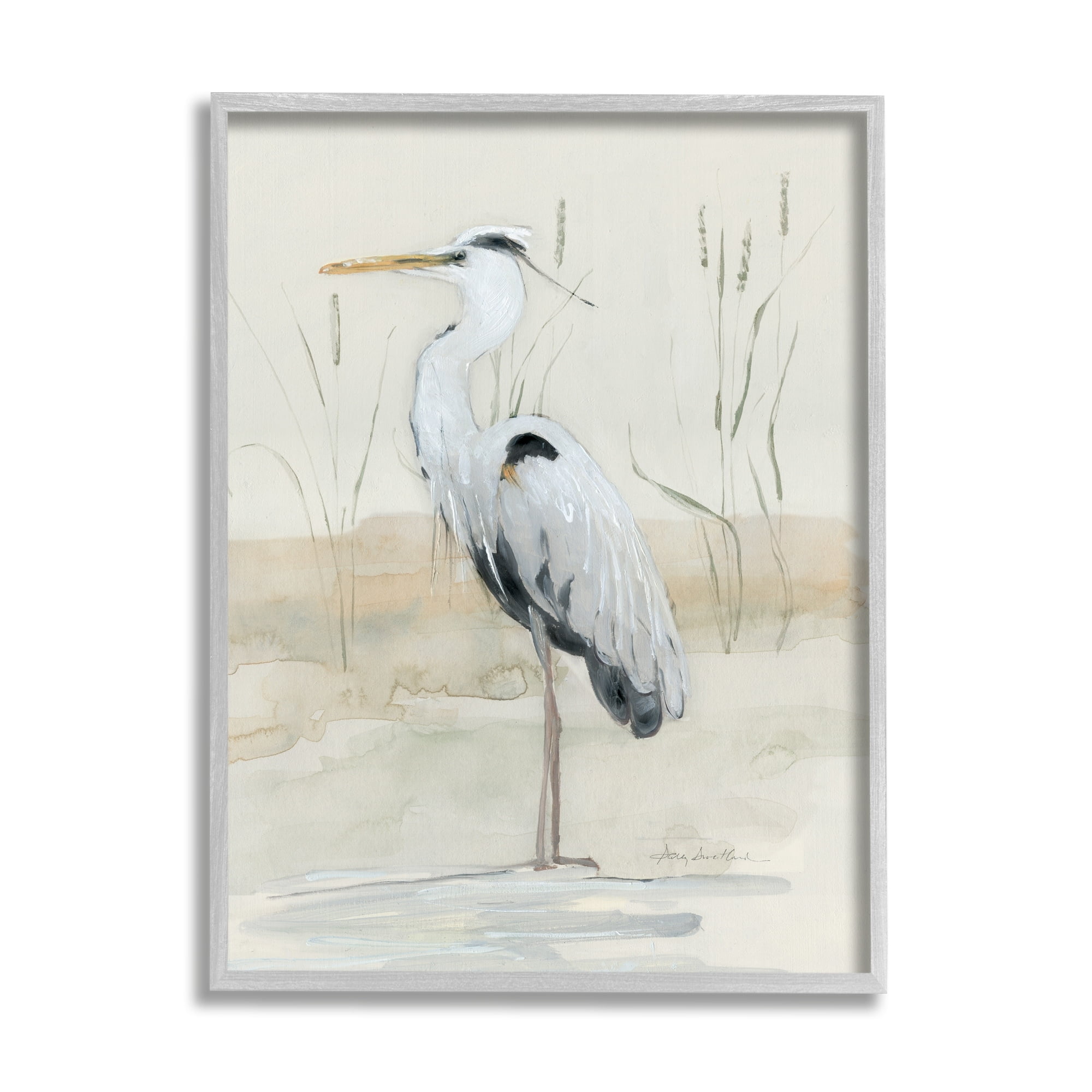 Stupell Industries Heron Bird Riverbank Watercolor Coastal Painting Gray Framed Art Print Wall Art