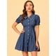 thumbnail image 2 of INSPIRE CHIC - Minivestido de mezclilla con mangas abullonadas y botones en la parte delantera y acampanado para mujer Azul L, 2 of 6