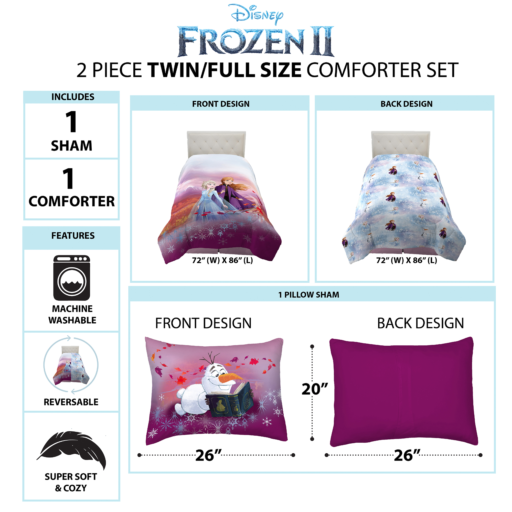Disney Frozen 2 Kids Comforter and Sham, 2-Piece Set, Twin/Full, Reversible, Pink, Purple