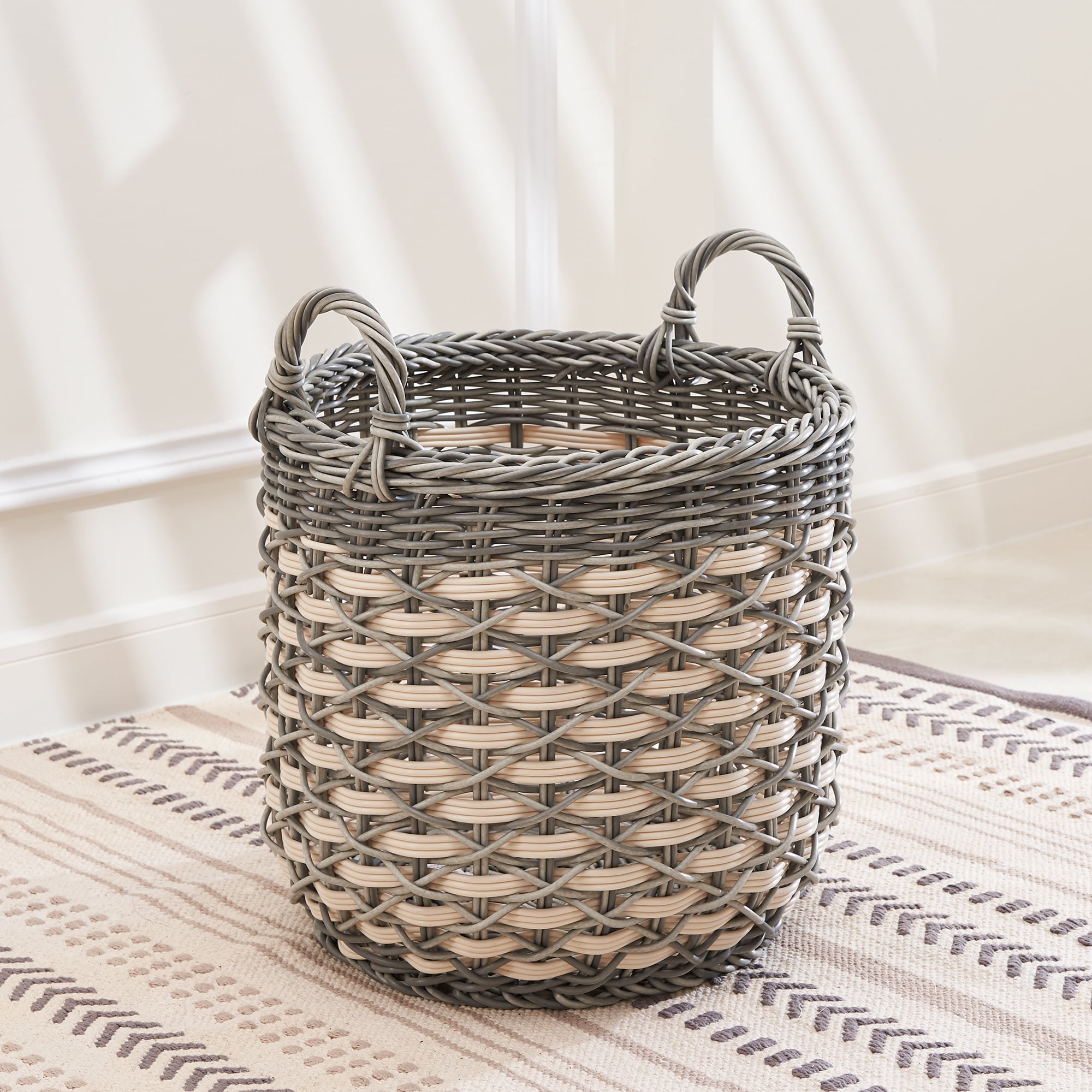 Valeria 18-Inch Round Resin Plant Pot and Laundry Basket with Handles- Size L
