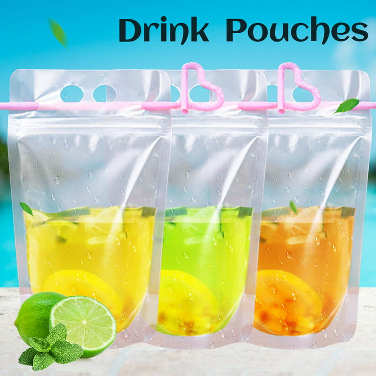 100PCS Drink Pouches Bags Stand-Up Zipper w/ Straws&Funnel for Cold & Hot  Drinks