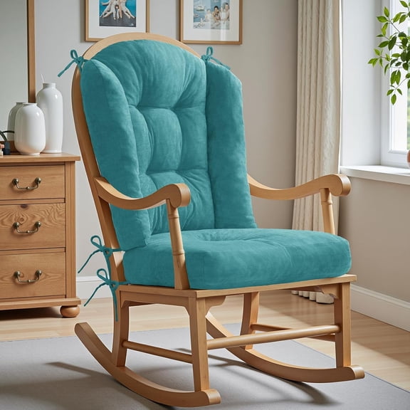 Wingback Rocking Chair Cushion - 17"x17" Seat & 26.7"x 22" Back, for Adirondack Chair, Glider & Indoor Rockers Cushions, High-Density Sponge, Comfort Chenille with Ties(Teal, 2-Piece)