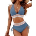 thumbnail image 1 of Women Tummy Control Swimsuits Color Block Two Piece Drawstring Bathing Suit Gray Blue M, 1 of 7
