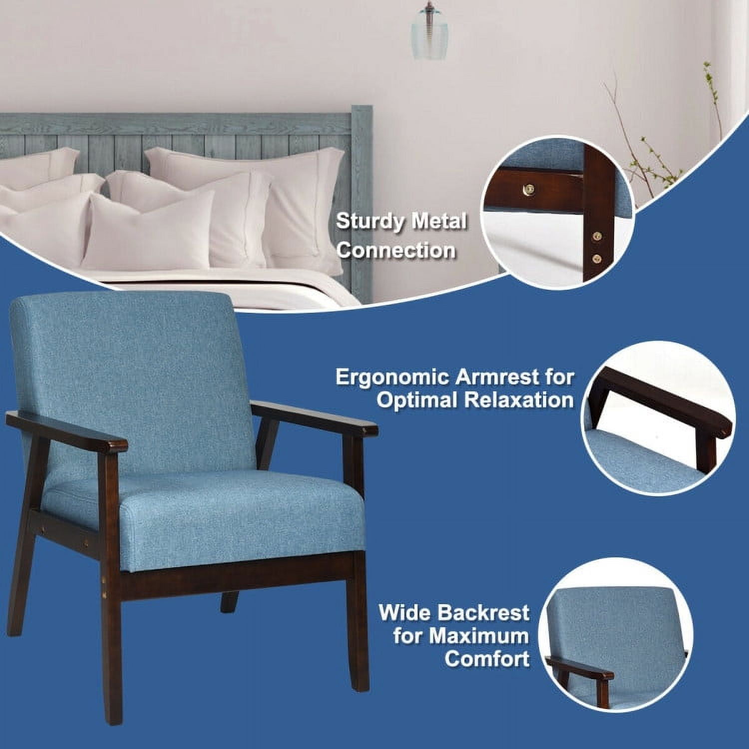 Finihen Mid-Century Modern Accent Chair, Retro Fabric Armchair, Solid Rubber Wood Fabric Accent Armchair, for Living Room, Blue Finihen Mid-Century Modern Accent Chair, Retro Fabric Armchair, Solid Rubber Wood Fabric Accent Armchair, for Living Room, Blue