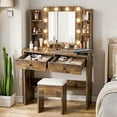 thumbnail image 2 of Haewon 33" Vanity Desk with Mirror and Lights and Power Outlet, Makeup Vanity with Large Desktop & Drawers, Vanity Set with Stool for Bedroom, Retro Brown, 2 of 7