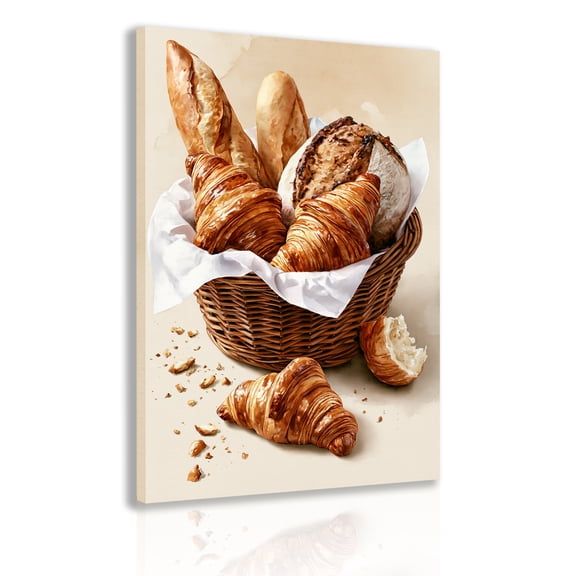 Rustic bread basket, croissants, baguettes, and sourdough canvas wall art, French pastry theme, baked goods, suitable for kitchen and restaurant decor poster frames.