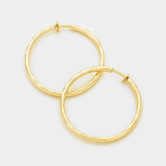 Clip on 1 1/4 gold hammered spring back hoop earrings