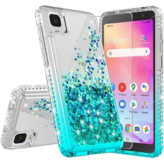 Compatible for TCL A3 / TCL A30 / TCL ion Z Phone Case Liquid Quicksand Glitter Phone Case Cover Full Body Coverage Protection for Girls Women - Clear/Teal