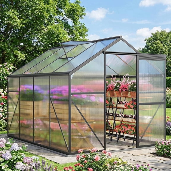 8x6 FT Outdoor Greenhouse, Easy Setup Polycarbonate Greenhouse with Adjustable Roof Vent, Sliding Door, and Durable Aluminum Frame for Backyard Gardening