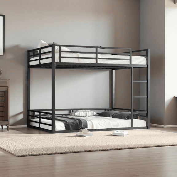 Queen over Queen Bunk Bed, Metal Frame Space Saving Bed for Teens/Adults, Noise Reduced Storage Bunkbed with No Box Spring Needed, Black