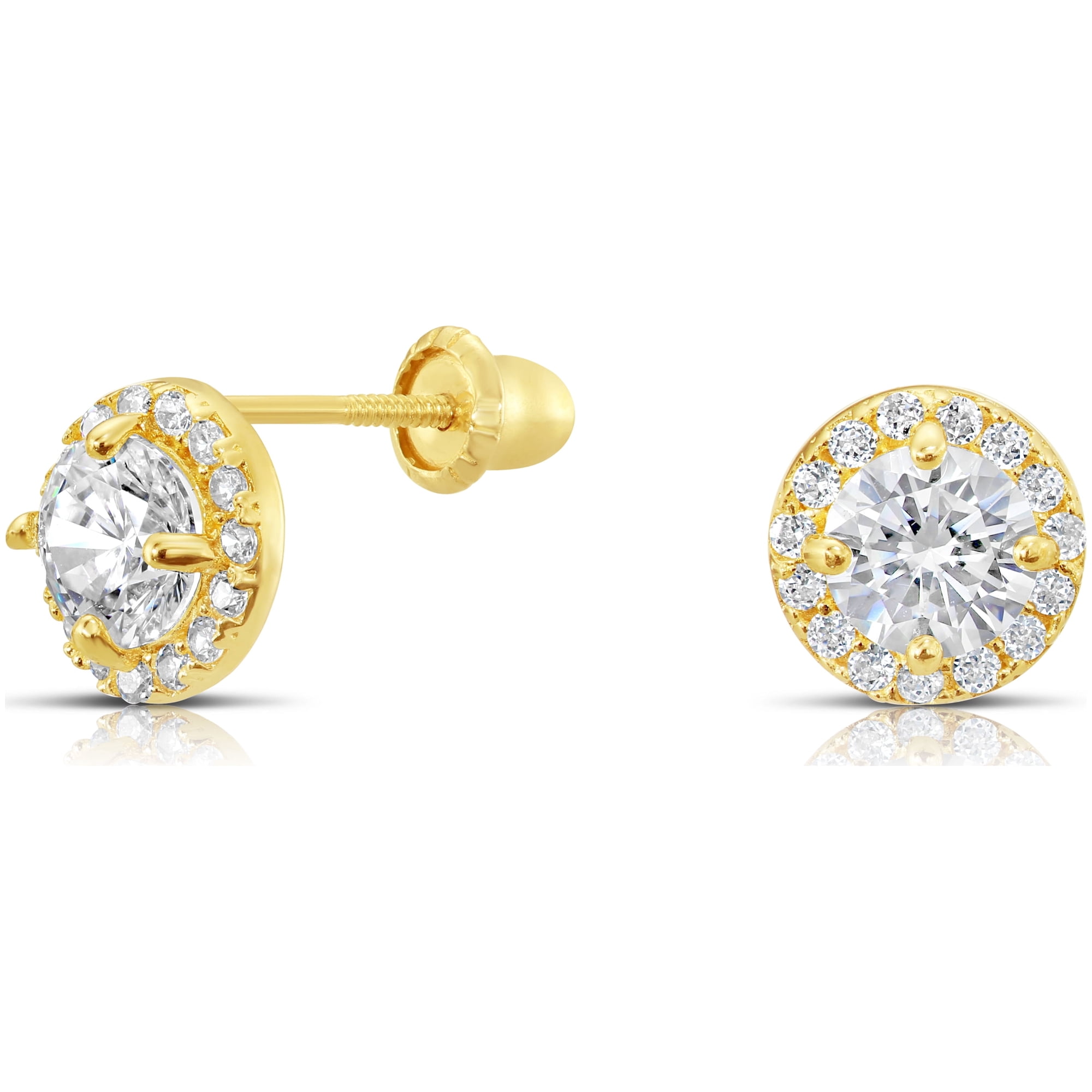 Tilo Jewelry 10k Yellow Gold Halo CZ Round Stud Earrings with Screw-Backs for Women & Unisex