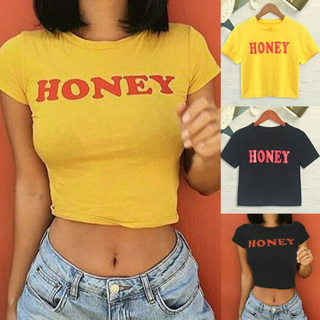 Fashion Women's Casual Honey Letter Print Short Sleeve Shirt T Shirt Summer Cotton Crop Tops Tank
