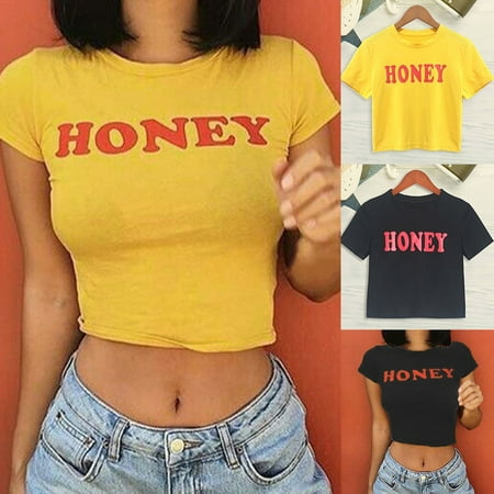 Cropped T-shirt Jersey Fashion Women's Casual Honey Letter Print Short Sleeve Shirt T Shirt Summer Cotton Crop Tops Tank Top ()