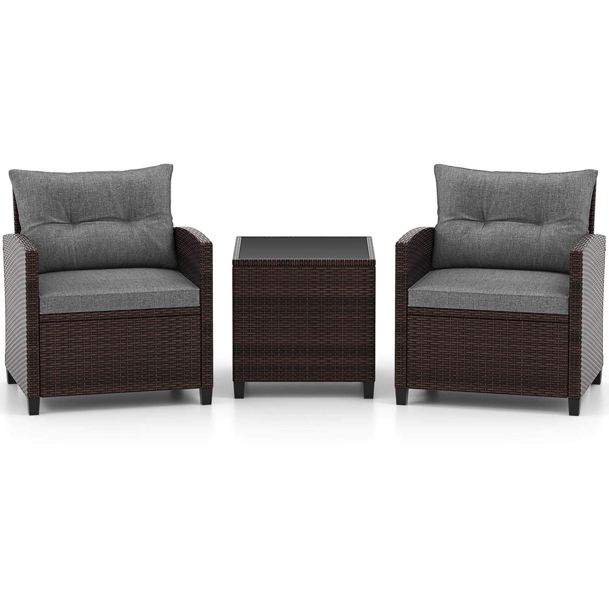 Gymax Set of 3 Rattan Furniture Set Patio Cushioned Conversation Set Sofa Gray