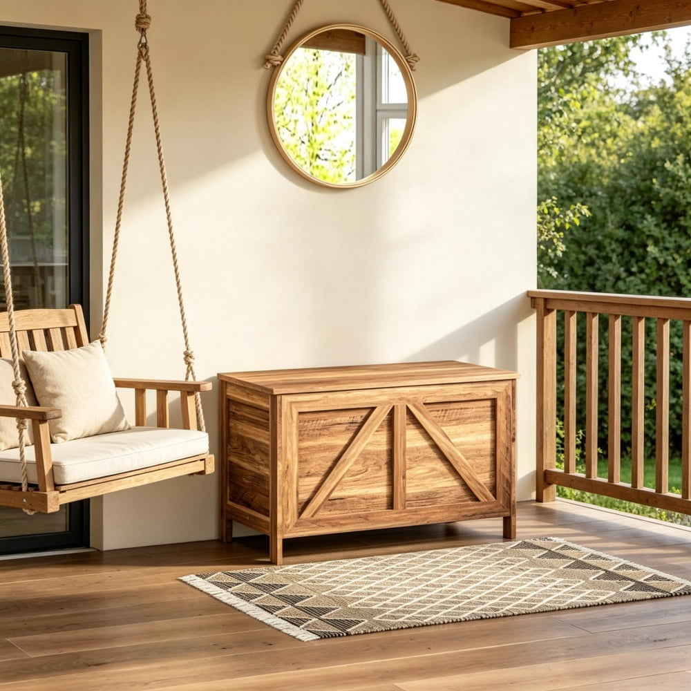Oak Farmhouse Storage Bench, Flip-Top Storage Chest with Safety Lift Support, Multifunctional Wooden Bench for Entryway Bedroom Study
