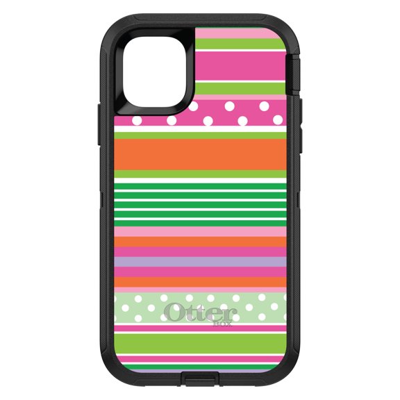 DistinctInk OtterBox Defender Custom Case for Apple iPhone 15 (6.1" Screen) - Green Pink White Stripes Polka Dots - Lightweight Grip