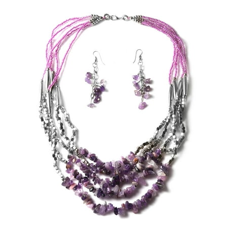 - Women's Purple Glass Silvertone Beaded Chips Beads Strand Necklace Earrings Set