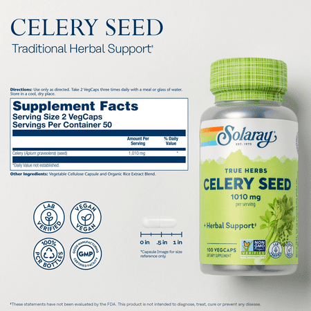 Solaray Celery Seed 1010mg | Healthy Cardiovascular, Liver, Water Balance & Joint Support | Whole Seed w/ Phytochemicals & Flavonoids | Non-GMO | 100ct