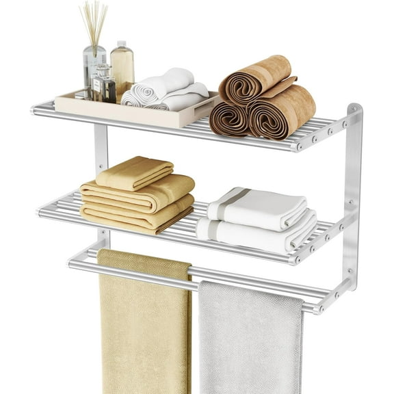 Towel Racks for Bathroom Wall Mounted, Bathroom Shelf with Towel Bar, Brushed Nickel Shelves for Towels, Stainless Steel Modern Silver Multi Holder
