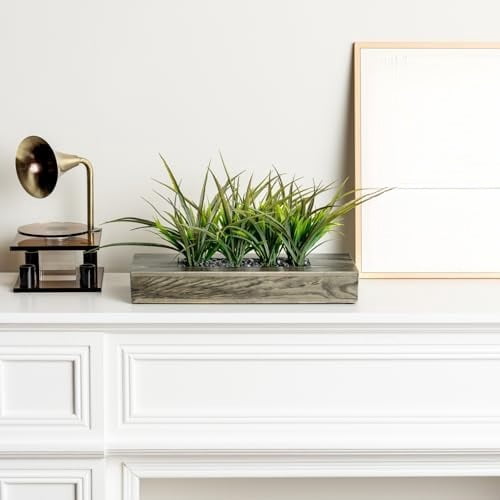 Large Artificial Green Grass Plants Potted in 14 Inch Vintage Weathered Gray Solid Wood Rectangular Planter Box, Decorative Tabletop Faux Greenery Centerpiece Décor