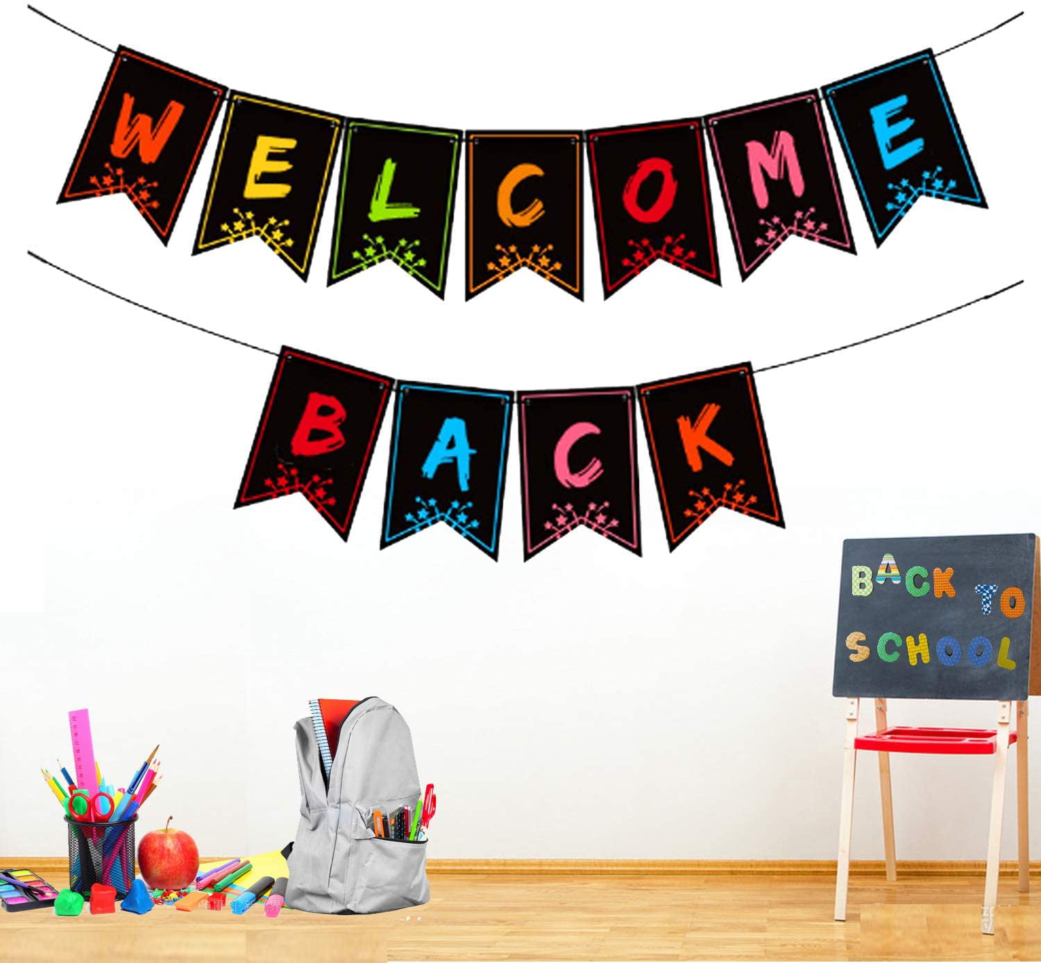 Classroom Decorations Welcome Banner Welcome Back Banner Welcome Bulletin Board Banner Welcome Chalkboard Brights Pennants with 50 Dry Eraser Multi-Purpose Cards and 80 Glue Point Dot 